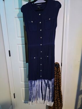 Maje Navy and White Tie-Dye Midi Dress